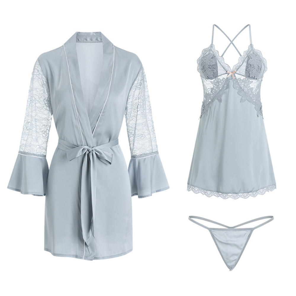 Womens Sleepwear Lace Lingerie Chemises V Neck Nightgown Robe Set