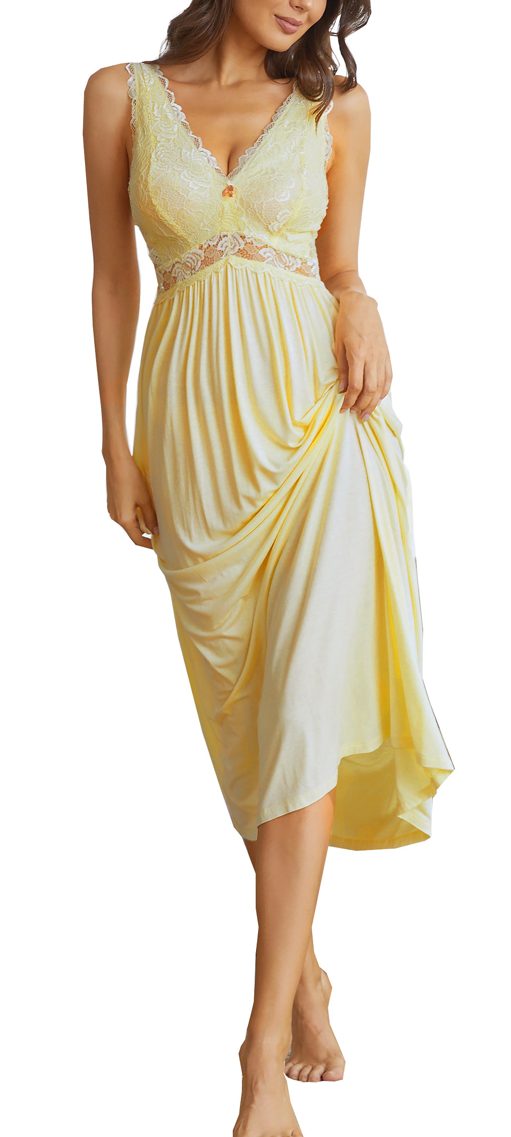 Sexy Lace Jersey Elegant Long Nightgown Chemises Light Yellow