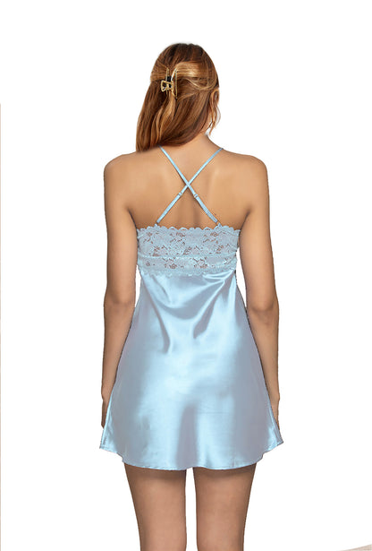 Sexy Lace Silky Short Slip Satin Nightgown V-neck Lingerie Chemise Sleepwear MoonBlue