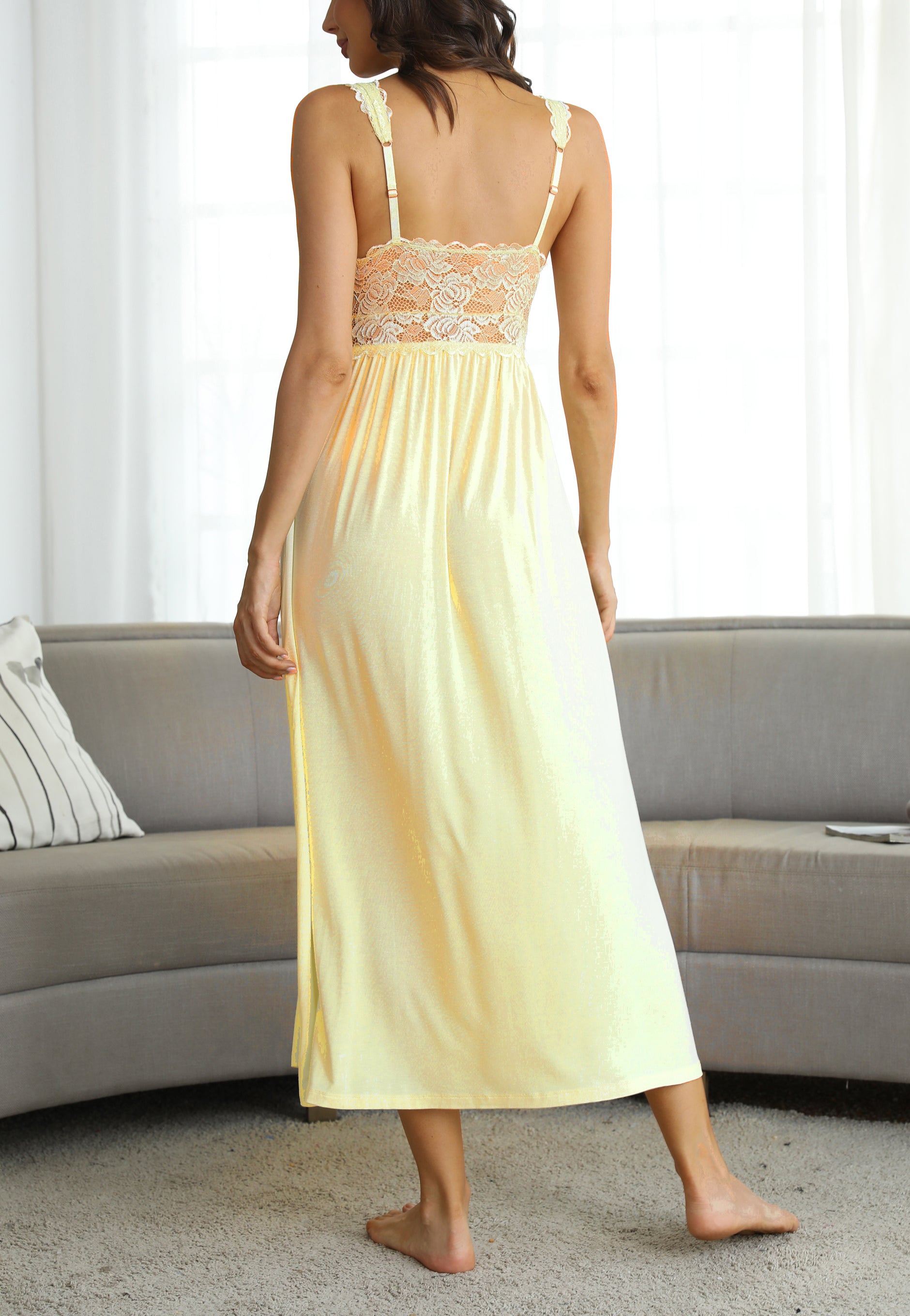 Sexy Lace Jersey Elegant Long Nightgown Chemises Light Yellow