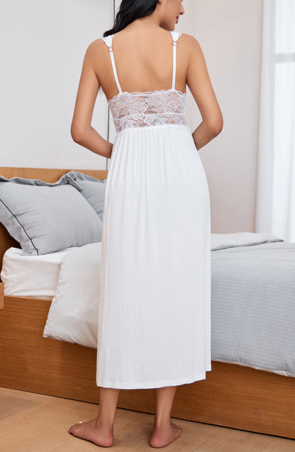 Sexy Lace Jersey Elegant Long Nightgown Chemises White