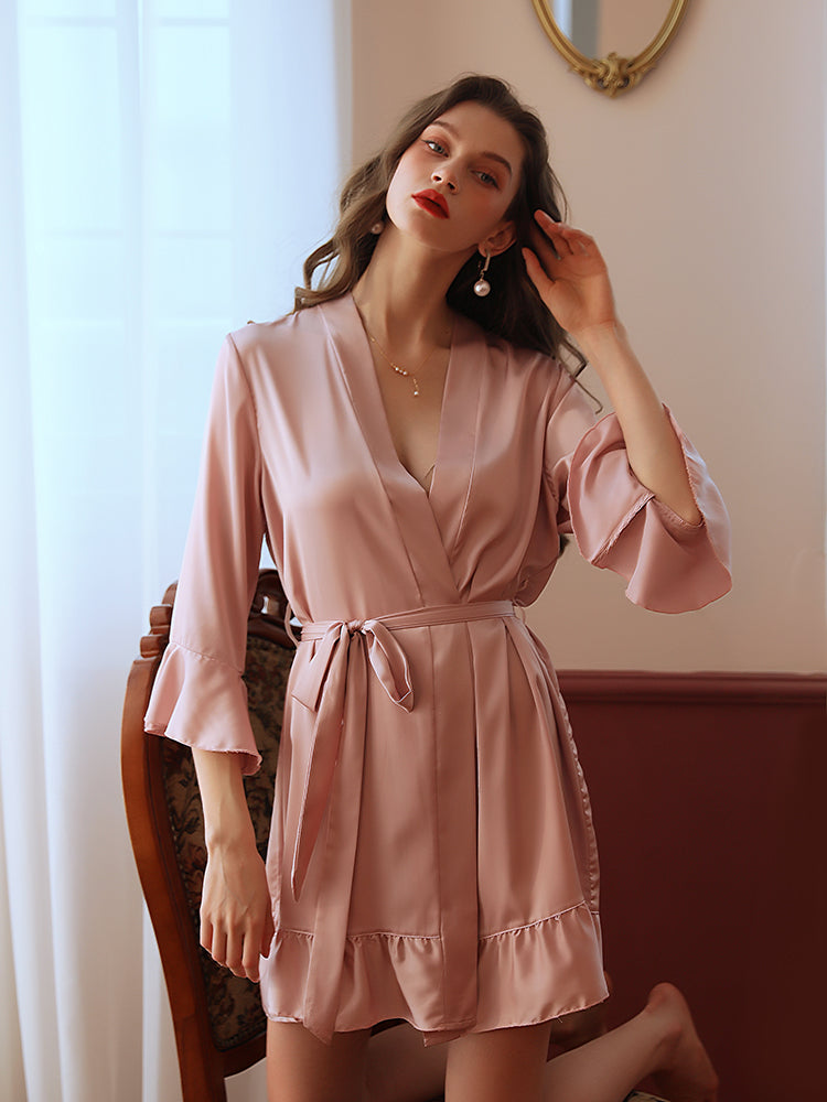 ALCEA ROSEA Womens Silky Satin Robe 3/4 Sleeve Ruffle Lingerie Loungewear Kimono Bathrobe Sleepwear Bridal Bride Bridesmaid Robes