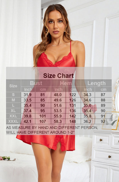 Sexy Lace Silky Short Slip Satin Nightgown V-neck Lingerie Chemise Sleepwear Red