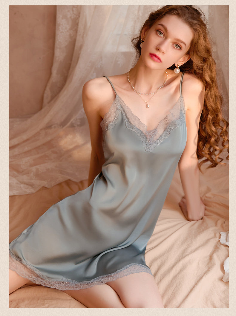 ALCEA ROSEA Women Sexy Lingerie Satin Nightgown Silky Chemise Lace Mini Nightdress V Neck Negligee Sleepwear