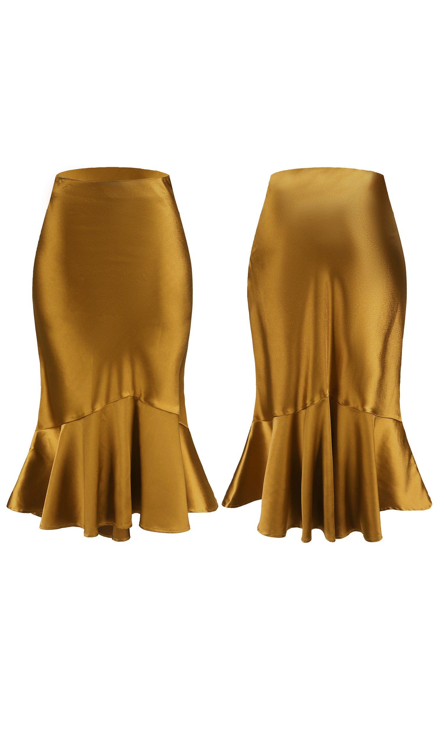 ALCEA ROSEA Women High Waist Satin Skirt Fishtail Silky Skirts Bodycon Stretchy Mermaid Pencil Midi Skirt Rich Gold