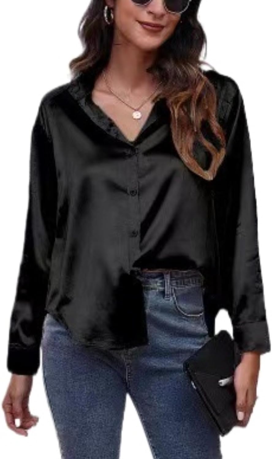 ALCEA ROSEA Women Satin Silky Button Down Shirt Business Casual Loose Long Sleeve Office Work Tunic Tunic Tops Blouse 1857