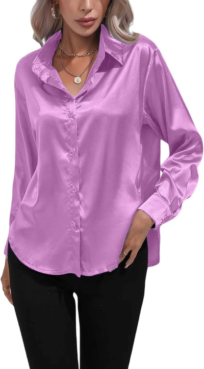 ALCEA ROSEA Women Satin Silky Button Down Shirt Business Casual Loose Long Sleeve Office Work Tunic Tunic Tops Blouse 1857