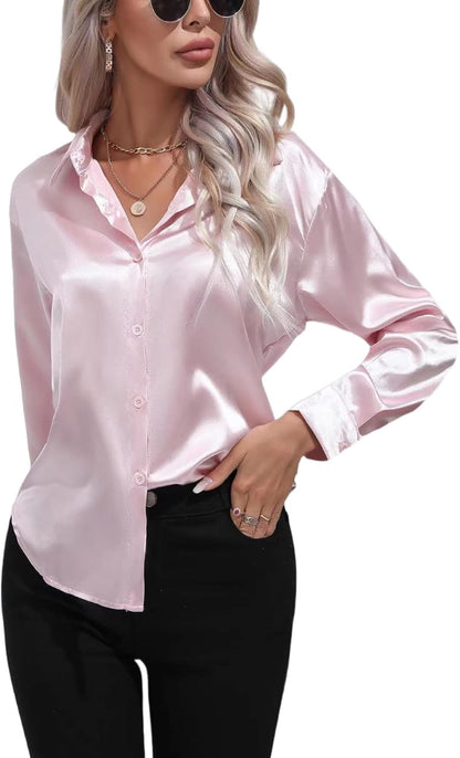 ALCEA ROSEA Women Satin Silky Button Down Shirt Business Casual Loose Long Sleeve Office Work Tunic Tunic Tops Blouse 1857