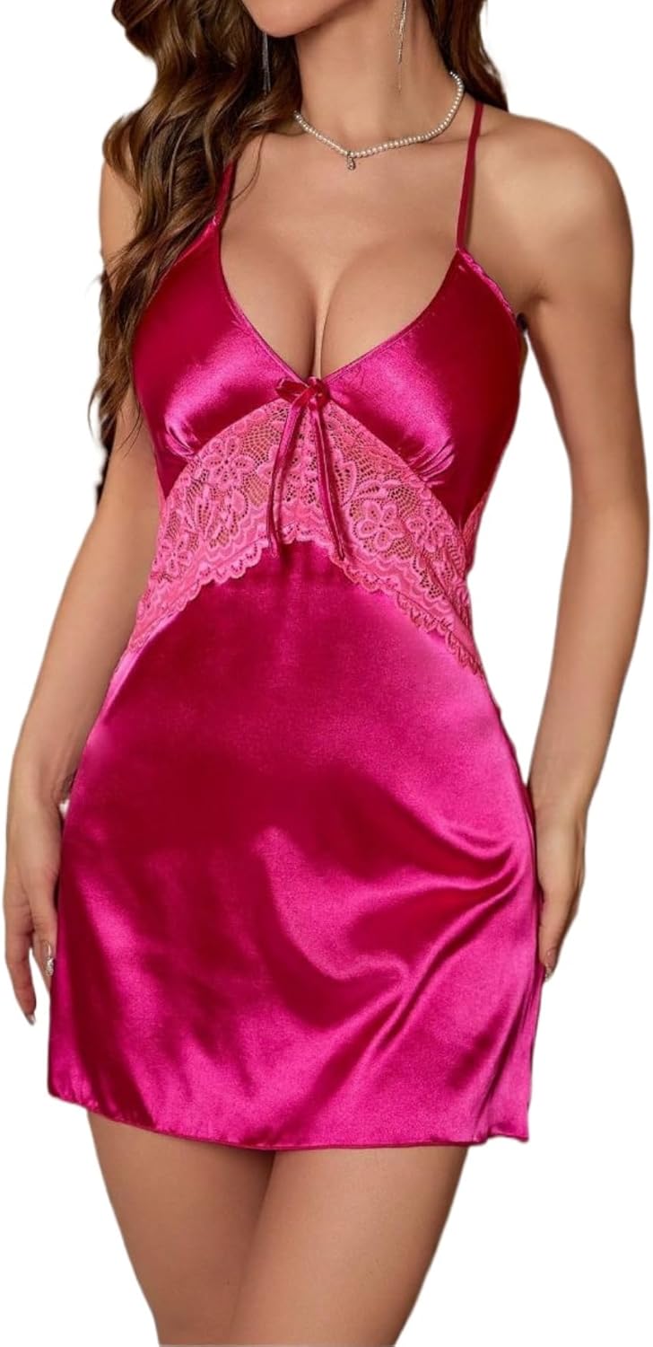 Women Silky Lingerie Spaghetti Strap Satin Babydoll Nightgown Lace V Neck Midi Dress Sleepwear Negligee 3908