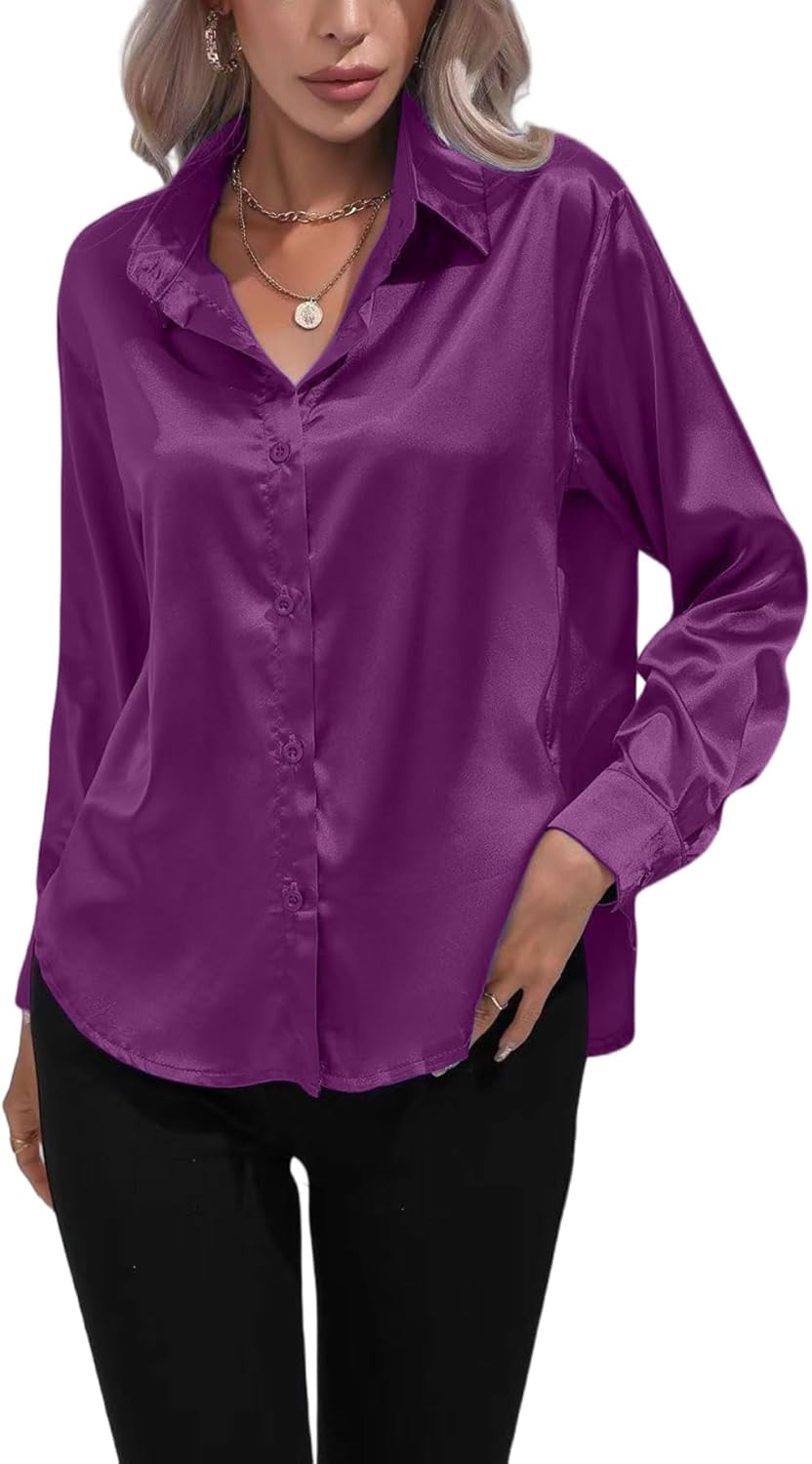 ALCEA ROSEA Women Satin Silky Button Down Shirt Business Casual Loose Long Sleeve Office Work Tunic Tunic Tops Blouse 1857