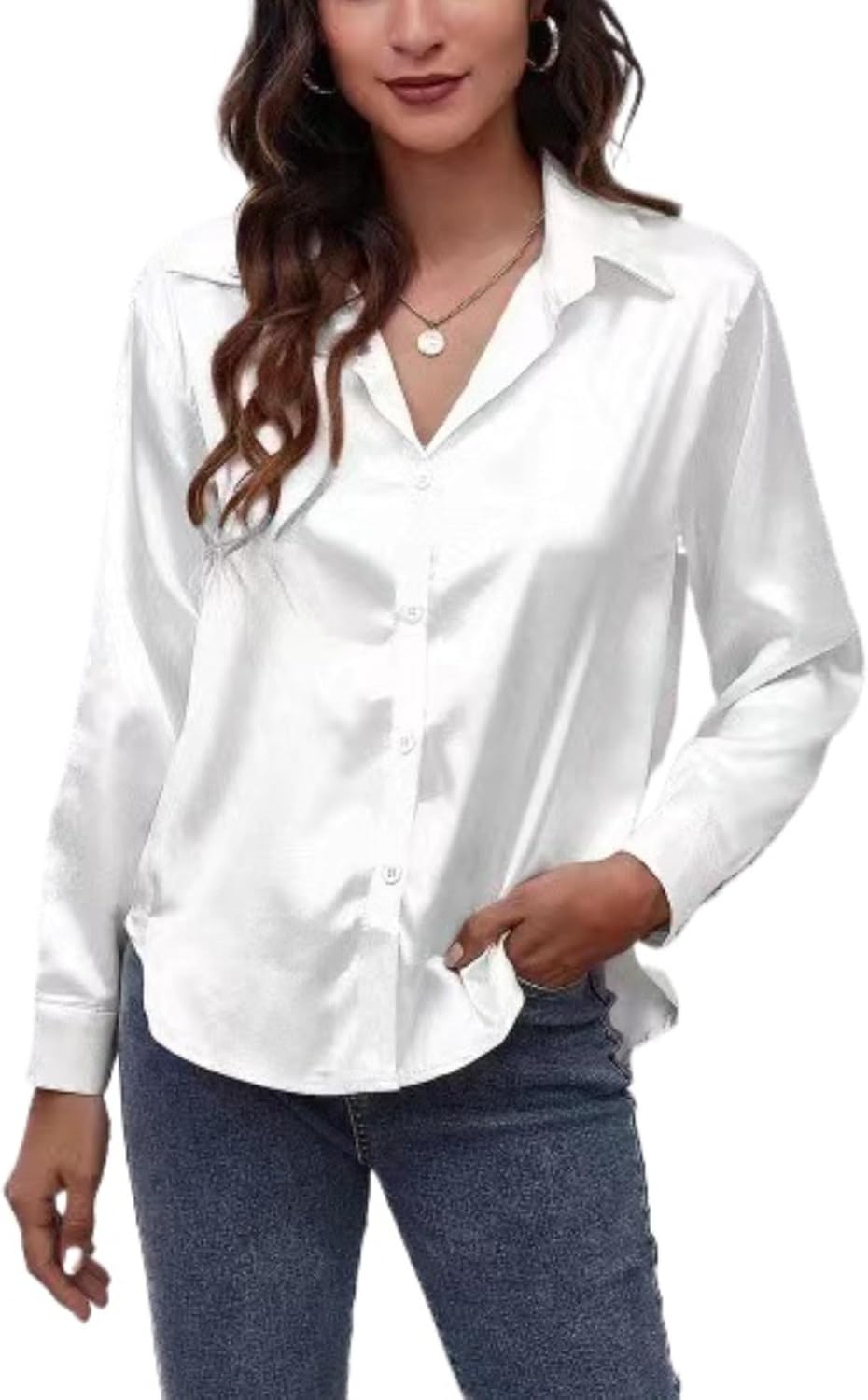 ALCEA ROSEA Women Satin Silky Button Down Shirt Business Casual Loose Long Sleeve Office Work Tunic Tunic Tops Blouse 1857