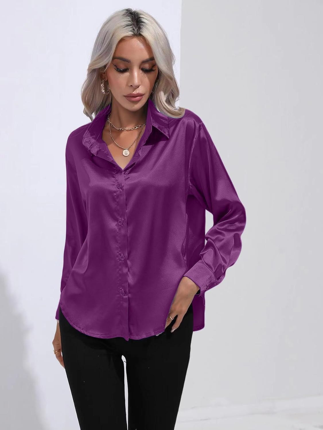 ALCEA ROSEA Women Satin Silky Button Down Shirt Business Casual Loose Long Sleeve Office Work Tunic Tunic Tops Blouse 1857