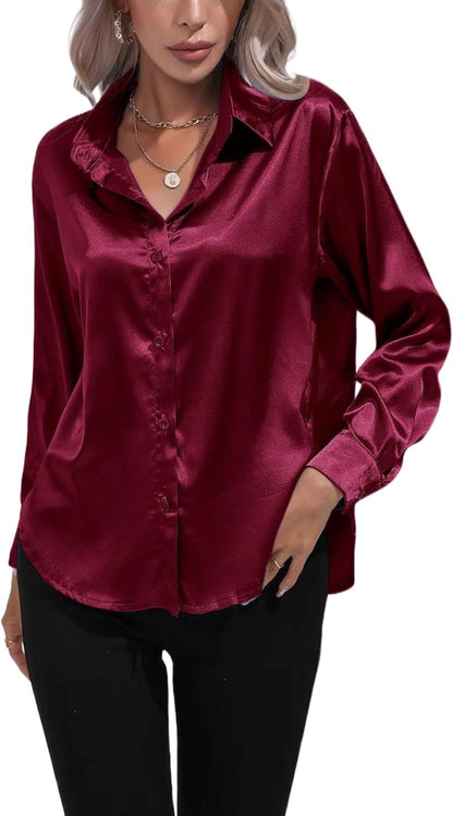 ALCEA ROSEA Women Satin Silky Button Down Shirt Business Casual Loose Long Sleeve Office Work Tunic Tunic Tops Blouse 1857