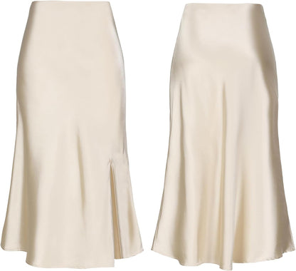 Women Satin Side Split Skirt High Waist Elastic Elegant A Line Midi Skirts for Women