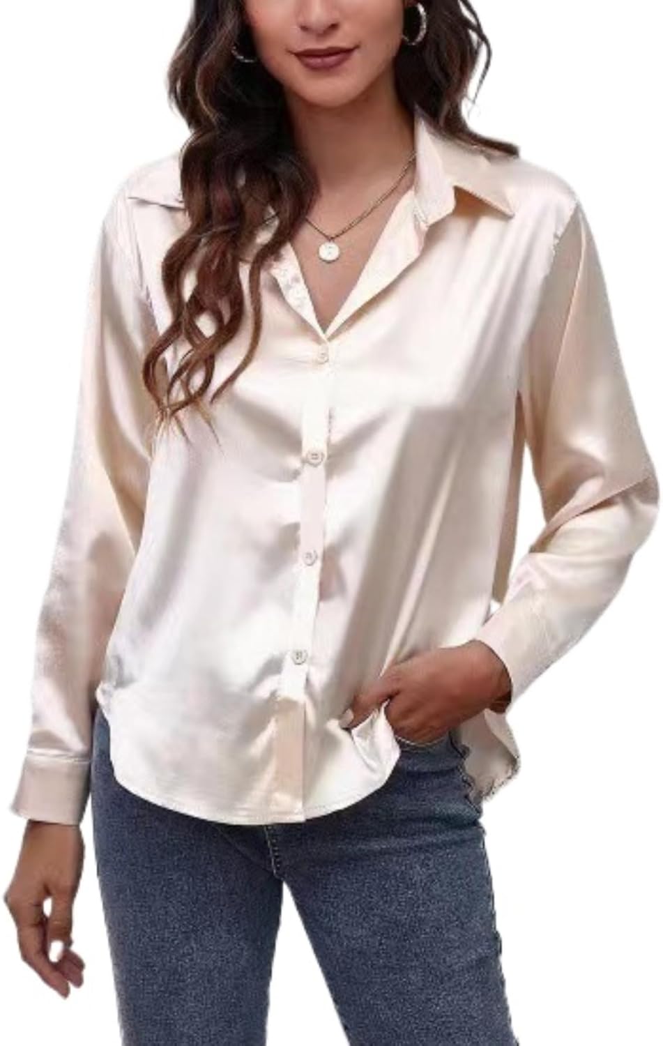 ALCEA ROSEA Women Satin Silky Button Down Shirt Business Casual Loose Long Sleeve Office Work Tunic Tunic Tops Blouse 1857