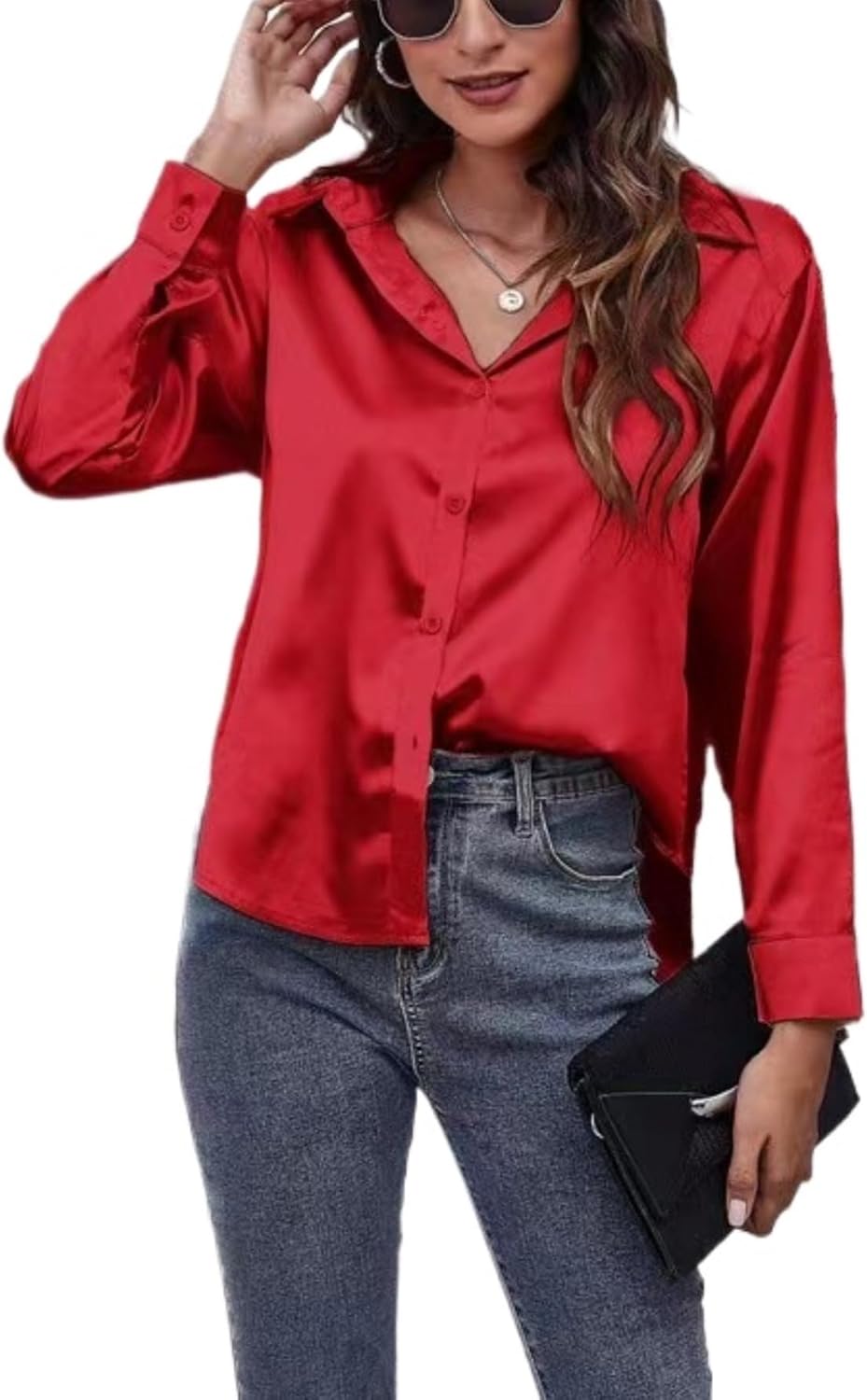 ALCEA ROSEA Women Satin Silky Button Down Shirt Business Casual Loose Long Sleeve Office Work Tunic Tunic Tops Blouse 1857