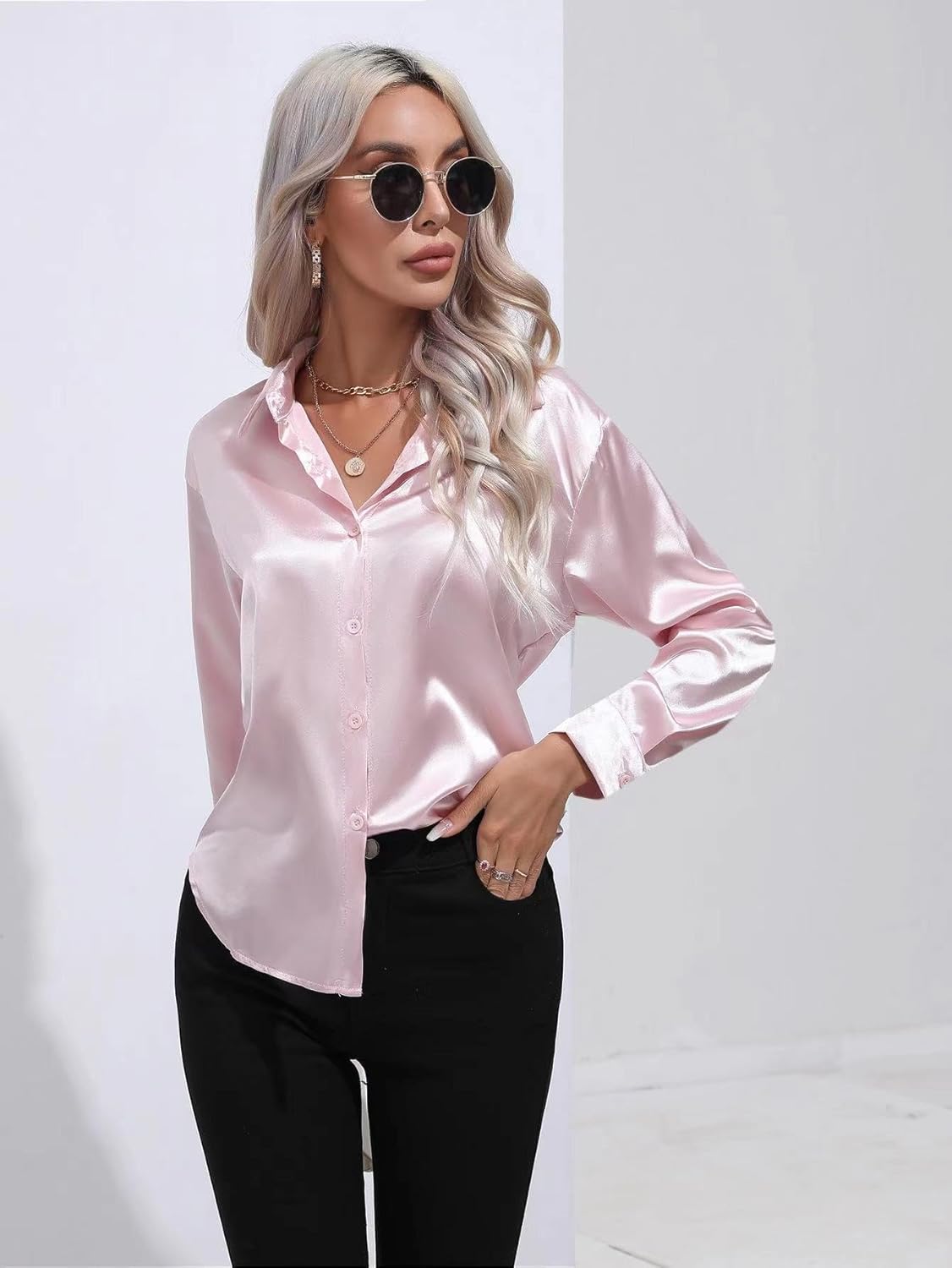 ALCEA ROSEA Women Satin Silky Button Down Shirt Business Casual Loose Long Sleeve Office Work Tunic Tunic Tops Blouse 1857