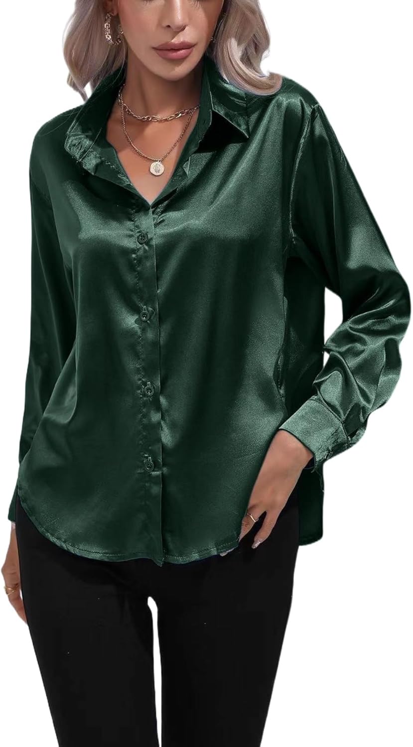 ALCEA ROSEA Women Satin Silky Button Down Shirt Business Casual Loose Long Sleeve Office Work Tunic Tunic Tops Blouse 1857