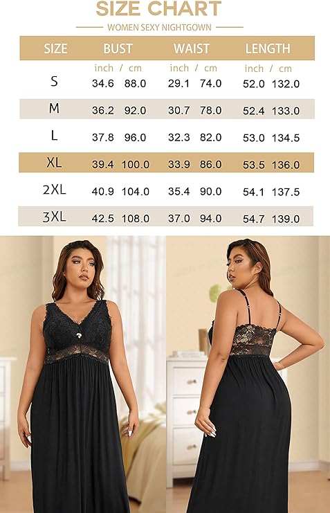 ANCORAlove Womens Sleepwear Lace Lingerie Chemises V Neck Nightgown Long Sexy Sleep Dress Sleeveless Lace for Women Elegant AR023