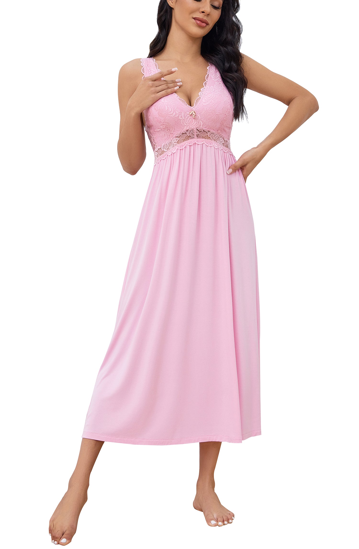 Sexy Lace Jersey Elegant Long Nightgown Chemises-PINK
