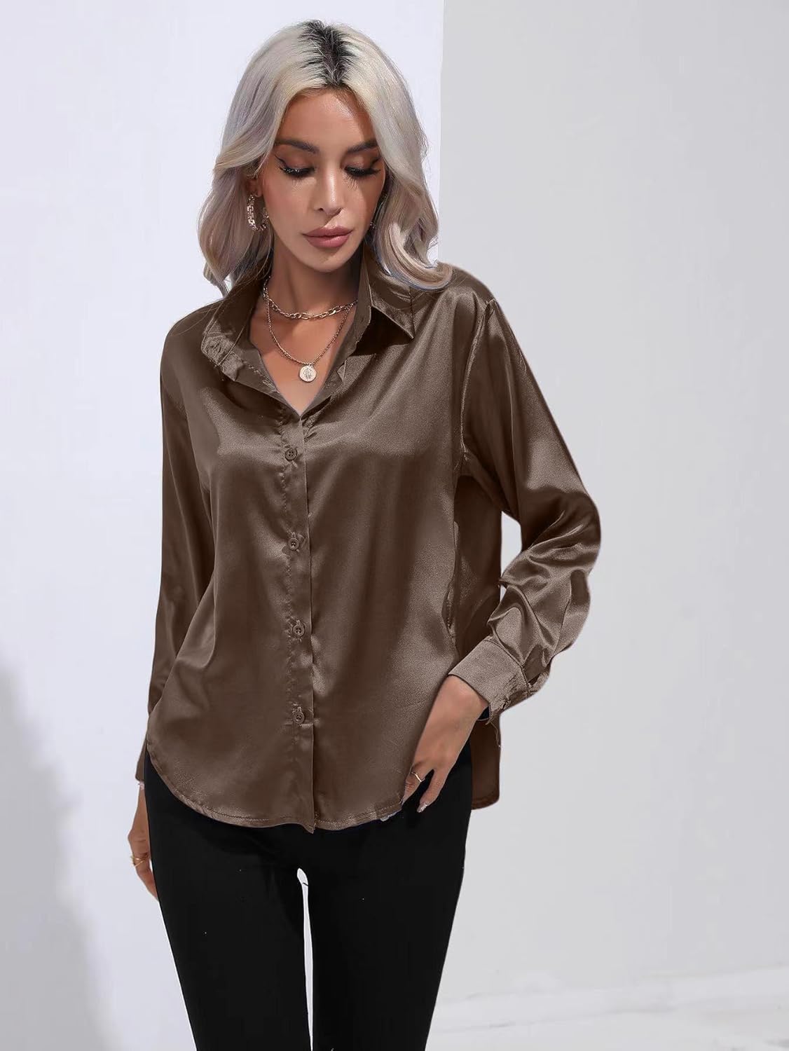 ALCEA ROSEA Women Satin Silky Button Down Shirt Business Casual Loose Long Sleeve Office Work Tunic Tunic Tops Blouse 1857