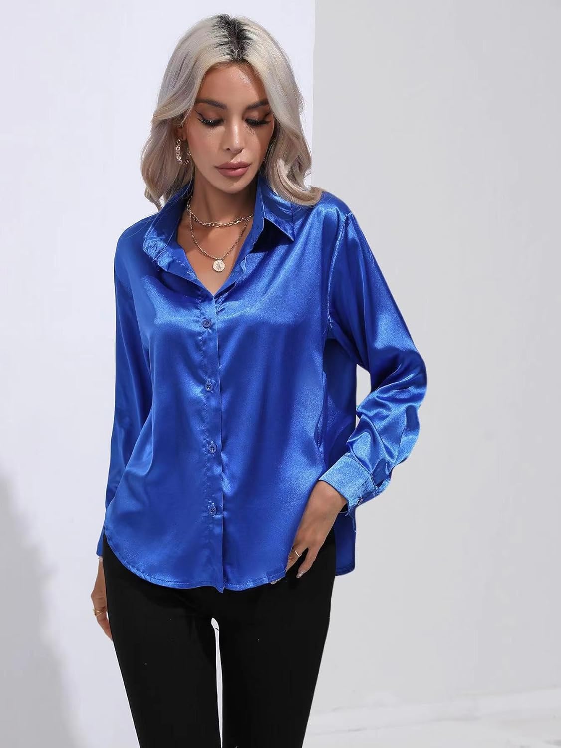 ALCEA ROSEA Women Satin Silky Button Down Shirt Business Casual Loose Long Sleeve Office Work Tunic Tunic Tops Blouse 1857