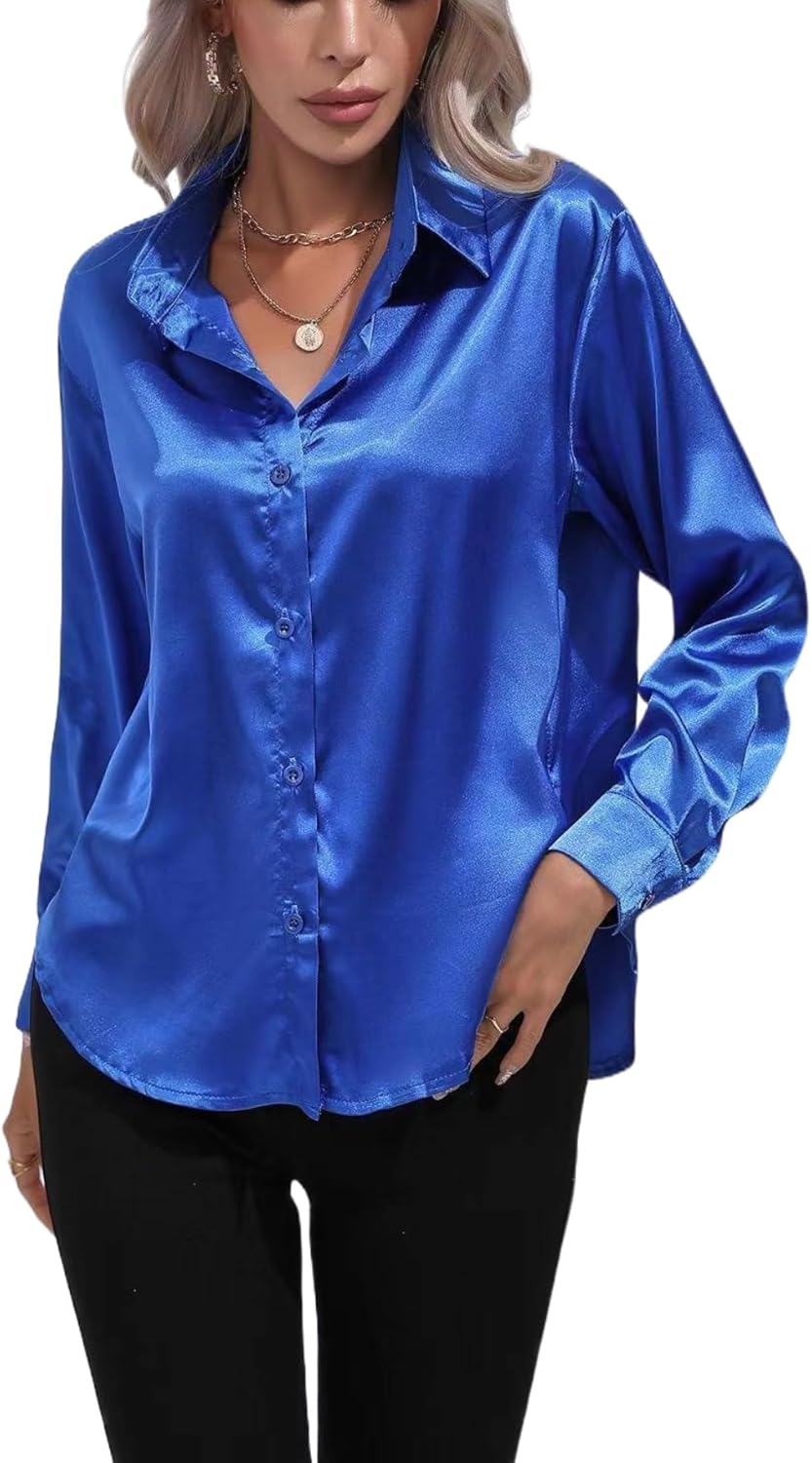 ALCEA ROSEA Women Satin Silky Button Down Shirt Business Casual Loose Long Sleeve Office Work Tunic Tunic Tops Blouse 1857