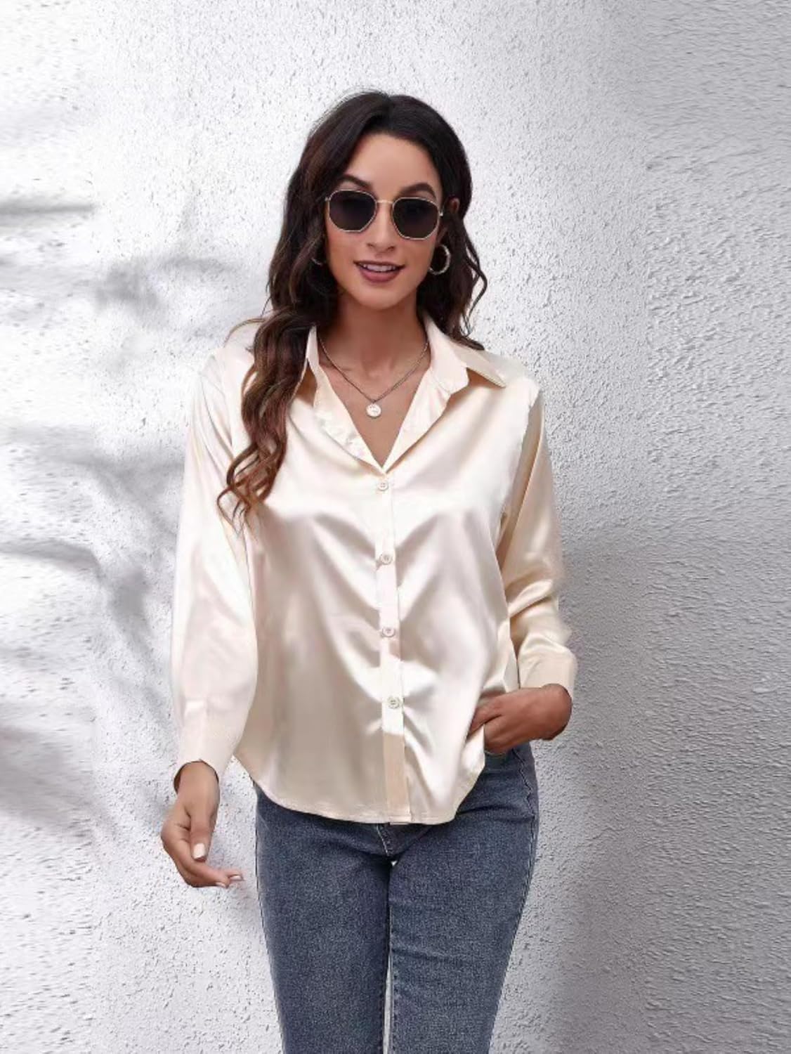 ALCEA ROSEA Women Satin Silky Button Down Shirt Business Casual Loose Long Sleeve Office Work Tunic Tunic Tops Blouse 1857