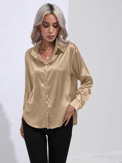 ALCEA ROSEA Women Satin Silky Button Down Shirt Business Casual Loose Long Sleeve Office Work Tunic Tunic Tops Blouse 1857