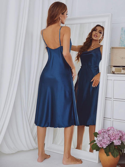 ALCEA ROSEA Women Silky Lingerie Lace Side Slit Satin Nightgown Spaghetti Strap V Neck Midi Dress Sleepwear Negligee 3906