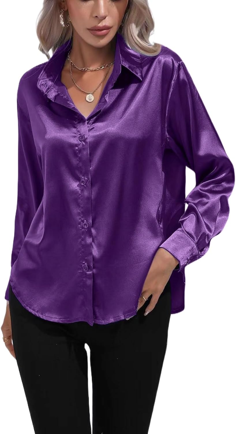 ALCEA ROSEA Women Satin Silky Button Down Shirt Business Casual Loose Long Sleeve Office Work Tunic Tunic Tops Blouse 1857