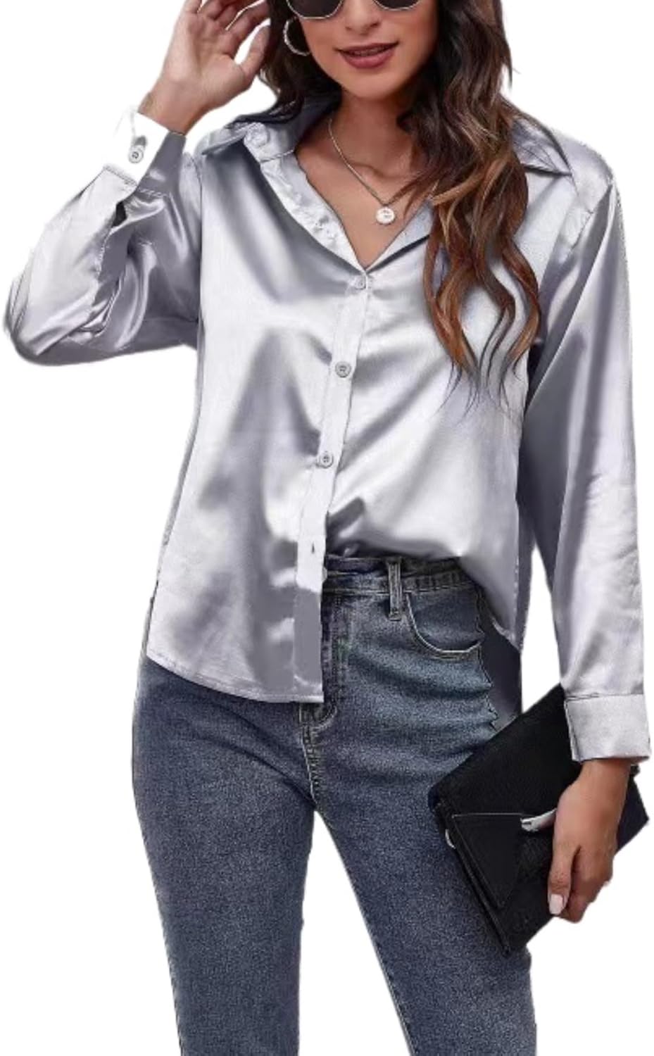 ALCEA ROSEA Women Satin Silky Button Down Shirt Business Casual Loose Long Sleeve Office Work Tunic Tunic Tops Blouse 1857