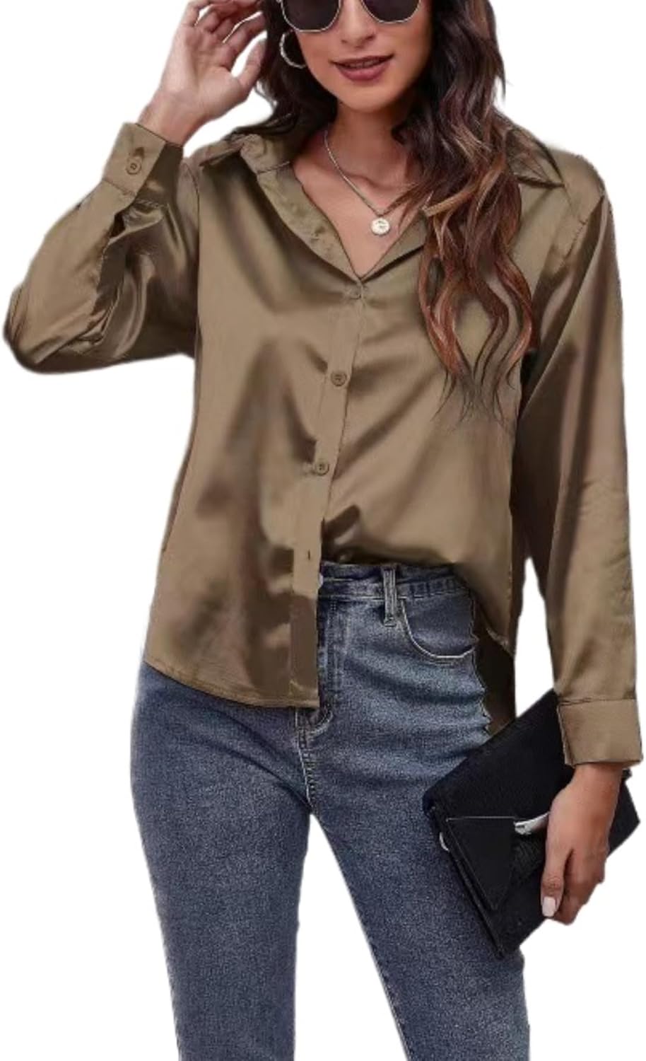 ALCEA ROSEA Women Satin Silky Button Down Shirt Business Casual Loose Long Sleeve Office Work Tunic Tunic Tops Blouse 1857