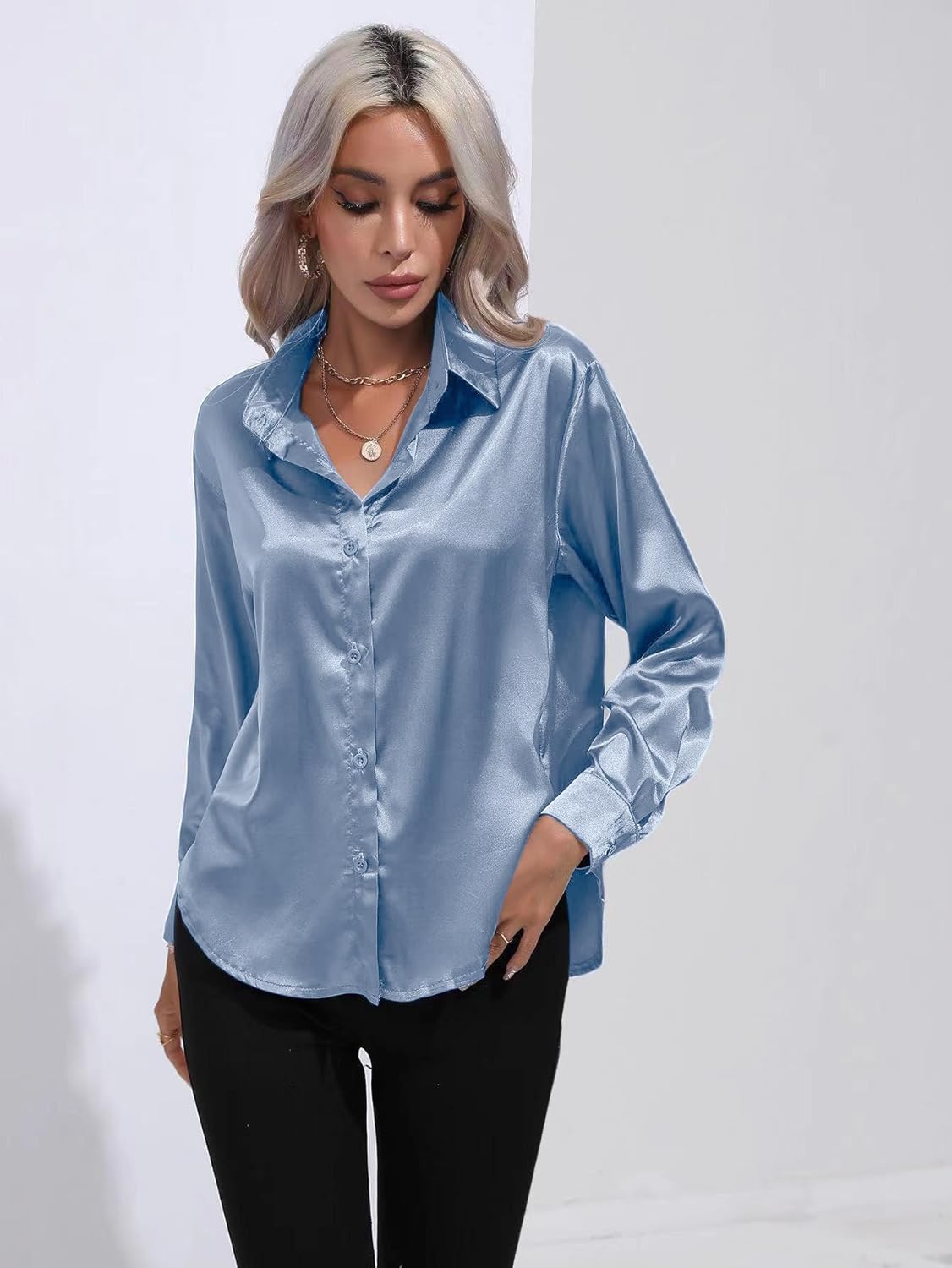 ALCEA ROSEA Women Satin Silky Button Down Shirt Business Casual Loose Long Sleeve Office Work Tunic Tunic Tops Blouse 1857