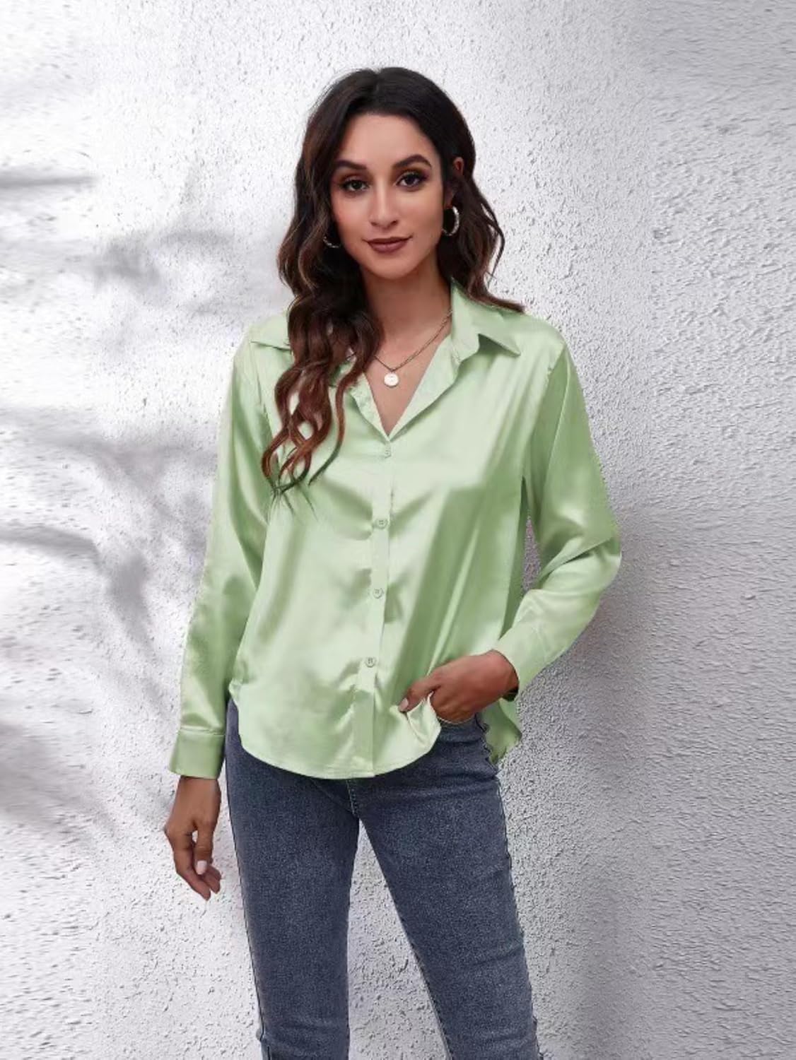 ALCEA ROSEA Women Satin Silky Button Down Shirt Business Casual Loose Long Sleeve Office Work Tunic Tunic Tops Blouse 1857