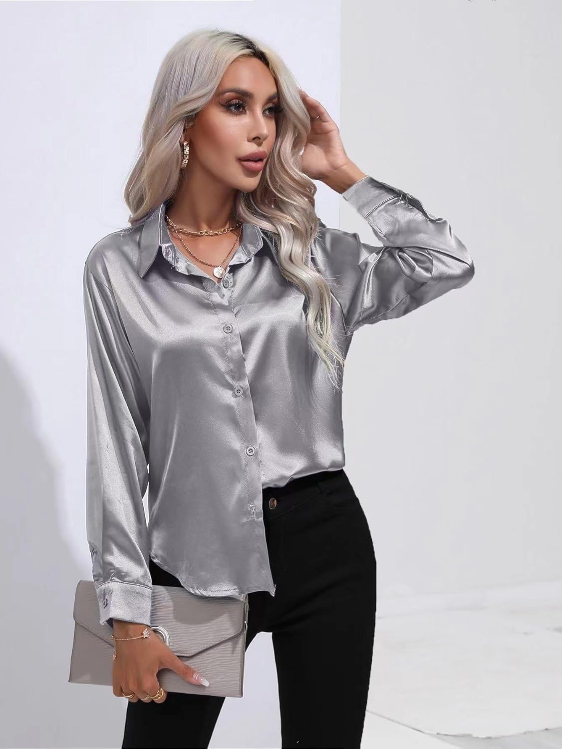 ALCEA ROSEA Women Satin Silky Button Down Shirt Business Casual Loose Long Sleeve Office Work Tunic Tunic Tops Blouse 1857