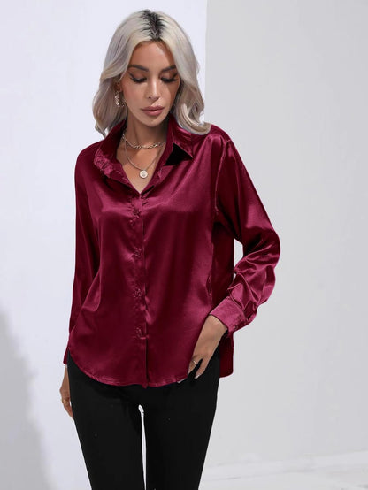 ALCEA ROSEA Women Satin Silky Button Down Shirt Business Casual Loose Long Sleeve Office Work Tunic Tunic Tops Blouse 1857