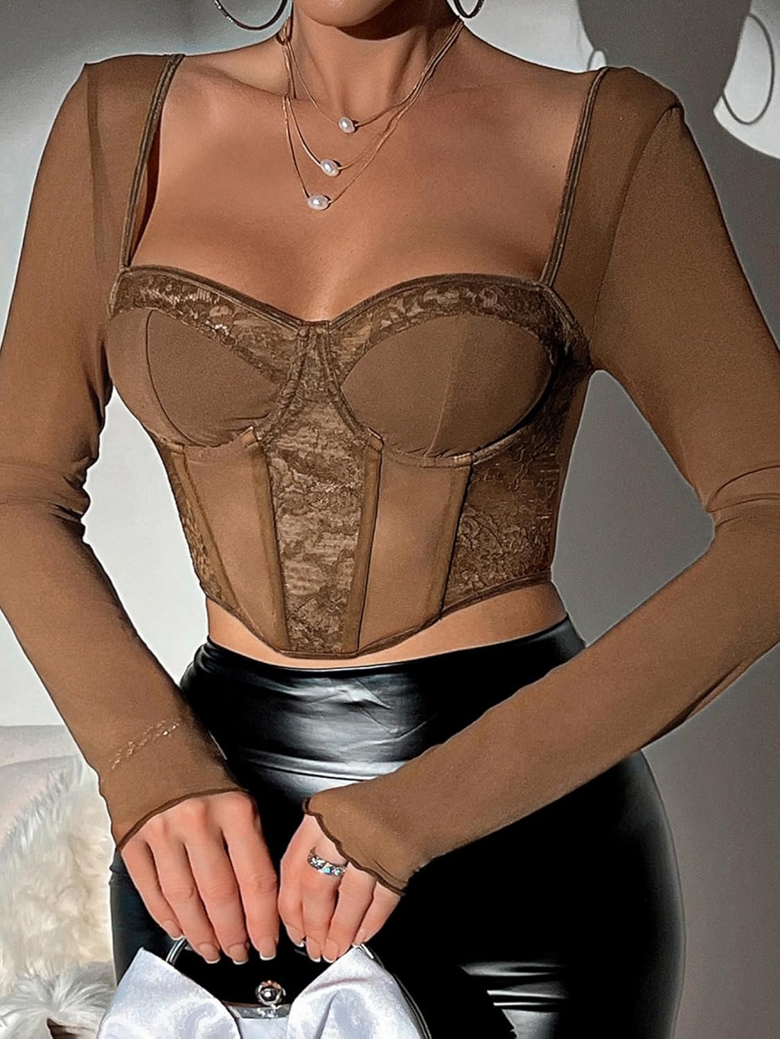 Women Lace Crop Top Sexy Cut Out Slim Fit Y2K Shirts Long Sleeve Sheer Mesh Blouse Going Out Tops 1858