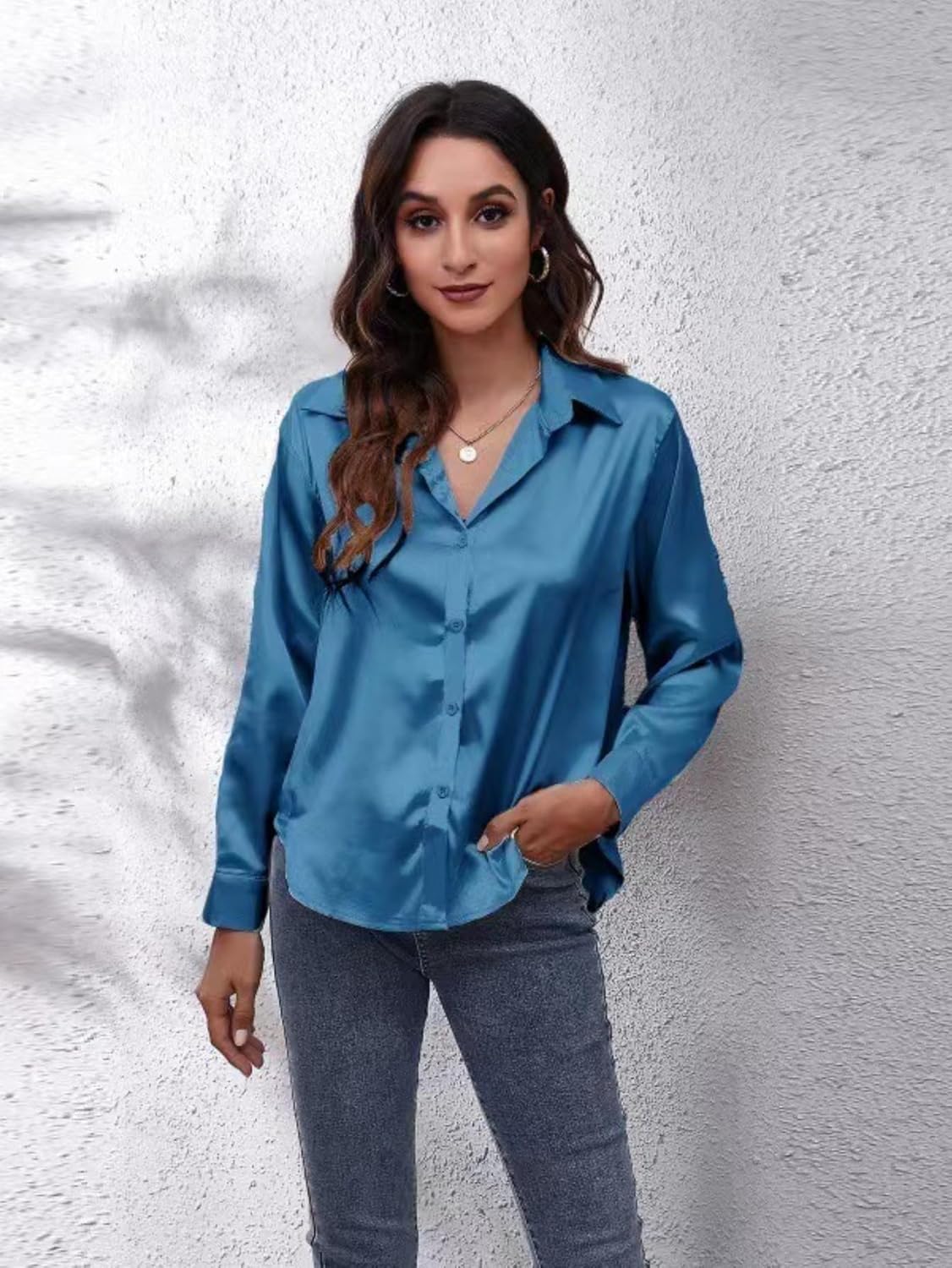 ALCEA ROSEA Women Satin Silky Button Down Shirt Business Casual Loose Long Sleeve Office Work Tunic Tunic Tops Blouse 1857