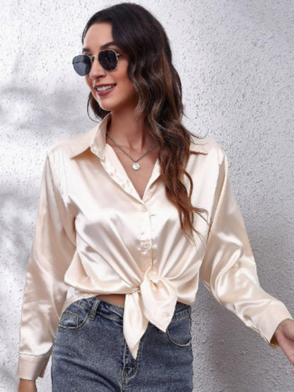 ALCEA ROSEA Women Satin Silky Button Down Shirt Business Casual Loose Long Sleeve Office Work Tunic Tunic Tops Blouse 1857