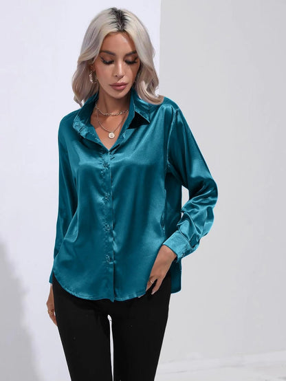 ALCEA ROSEA Women Satin Silky Button Down Shirt Business Casual Loose Long Sleeve Office Work Tunic Tunic Tops Blouse 1857