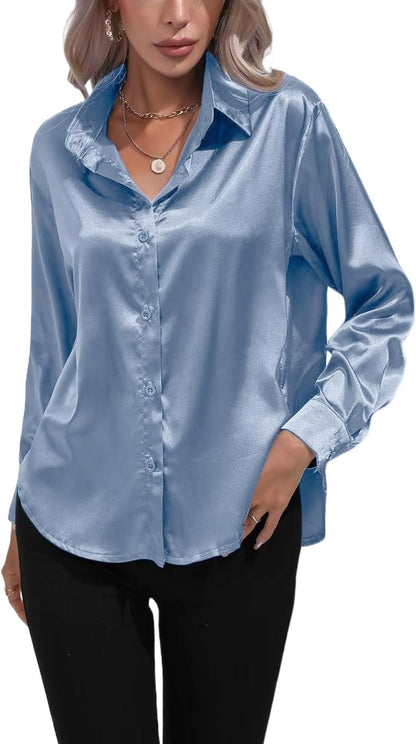 ALCEA ROSEA Women Satin Silky Button Down Shirt Business Casual Loose Long Sleeve Office Work Tunic Tunic Tops Blouse 1857