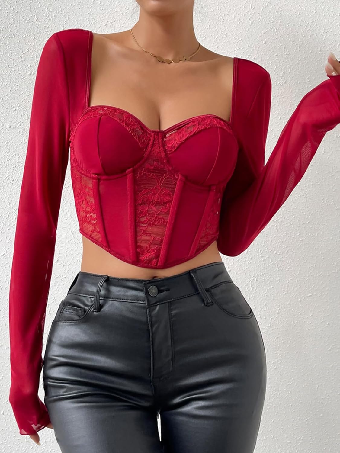 Women Lace Crop Top Sexy Cut Out Slim Fit Y2K Shirts Long Sleeve Sheer Mesh Blouse Going Out Tops 1858