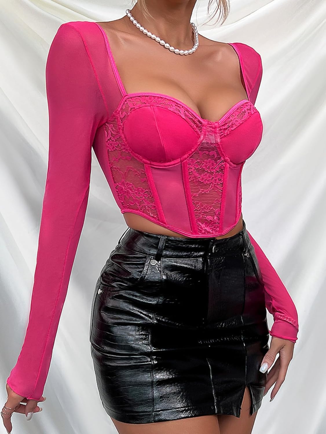 Women Lace Crop Top Sexy Cut Out Slim Fit Y2K Shirts Long Sleeve Sheer Mesh Blouse Going Out Tops 1858