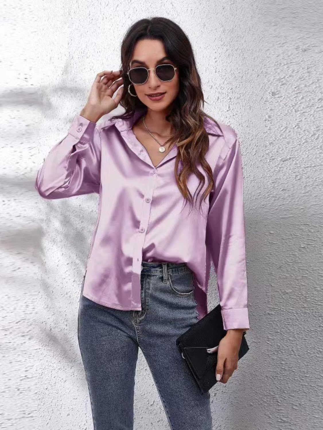 ALCEA ROSEA Women Satin Silky Button Down Shirt Business Casual Loose Long Sleeve Office Work Tunic Tunic Tops Blouse 1857