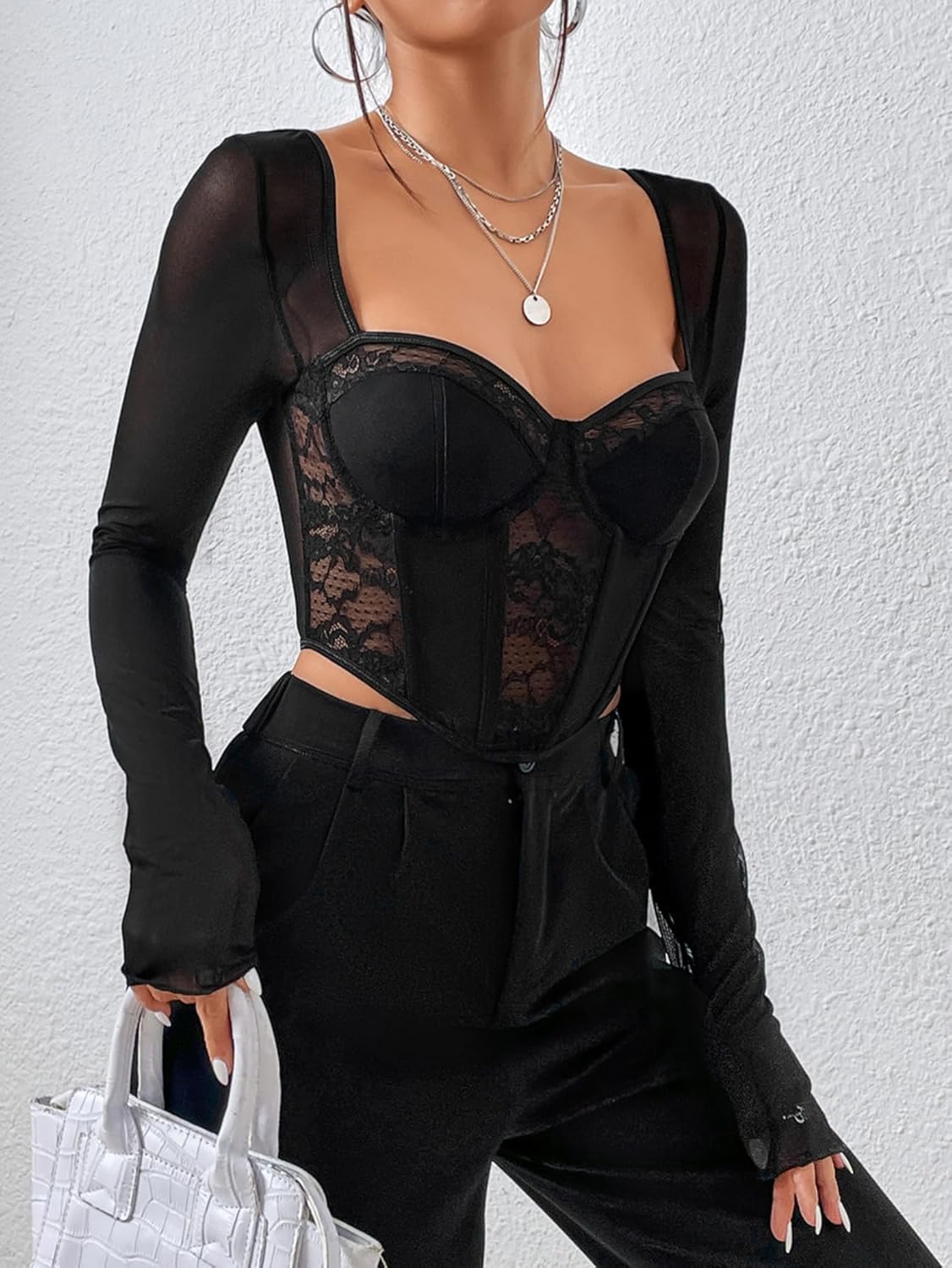 Women Lace Crop Top Sexy Cut Out Slim Fit Y2K Shirts Long Sleeve Sheer Mesh Blouse Going Out Tops 1858