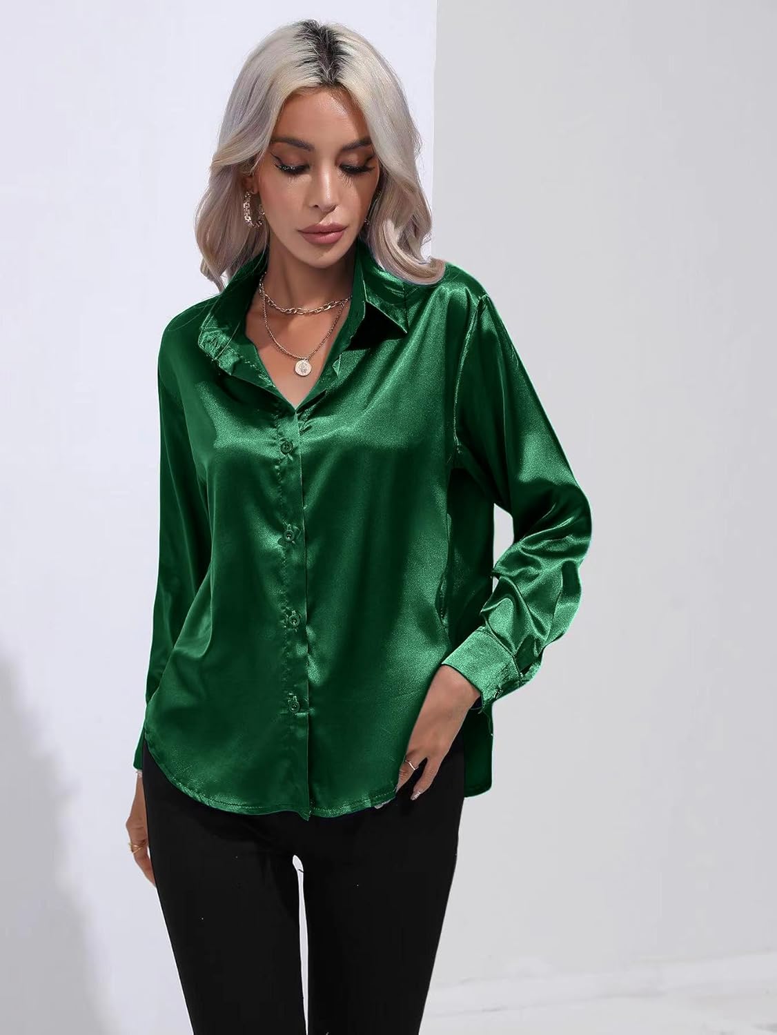 ALCEA ROSEA Women Satin Silky Button Down Shirt Business Casual Loose Long Sleeve Office Work Tunic Tunic Tops Blouse 1857