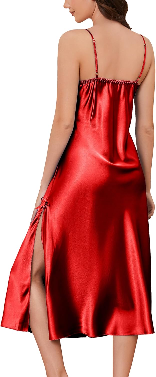 ALCEA ROSEA Women Silk Satin Nightgown Sexy Lace Chemise Lingerie Long Sleepdress for Ladies Sleepwear Slip Negligee