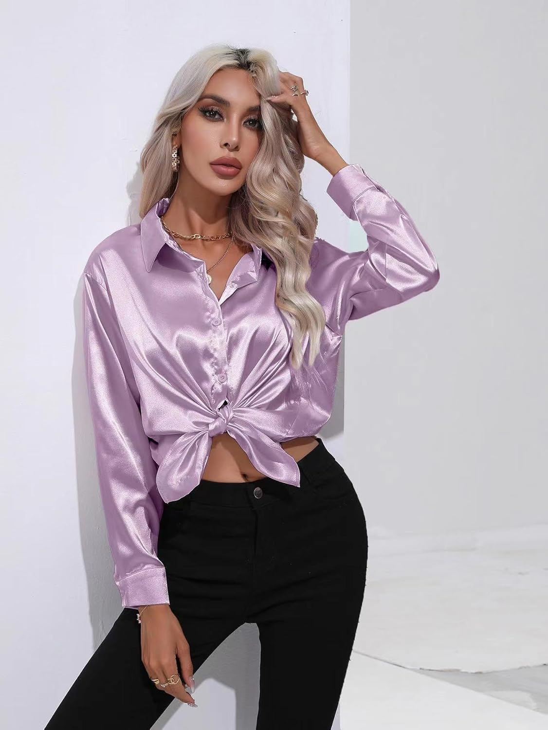 ALCEA ROSEA Women Satin Silky Button Down Shirt Business Casual Loose Long Sleeve Office Work Tunic Tunic Tops Blouse 1857