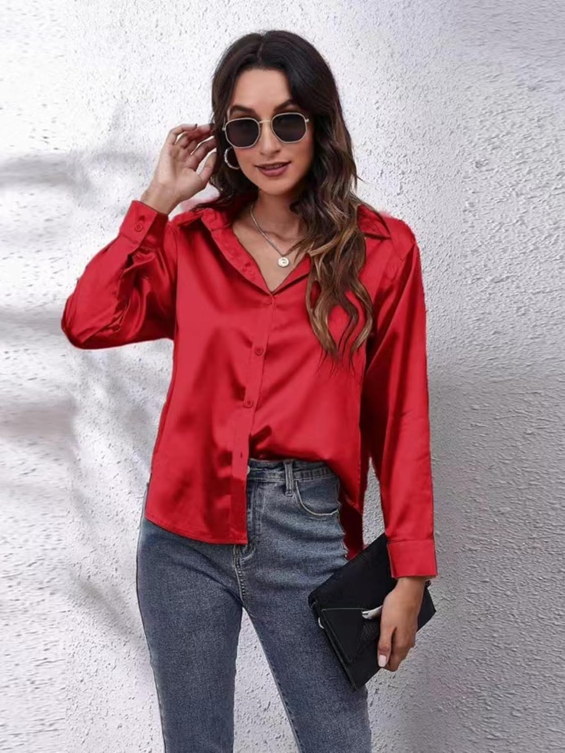 ALCEA ROSEA Women Satin Silky Button Down Shirt Business Casual Loose Long Sleeve Office Work Tunic Tunic Tops Blouse 1857